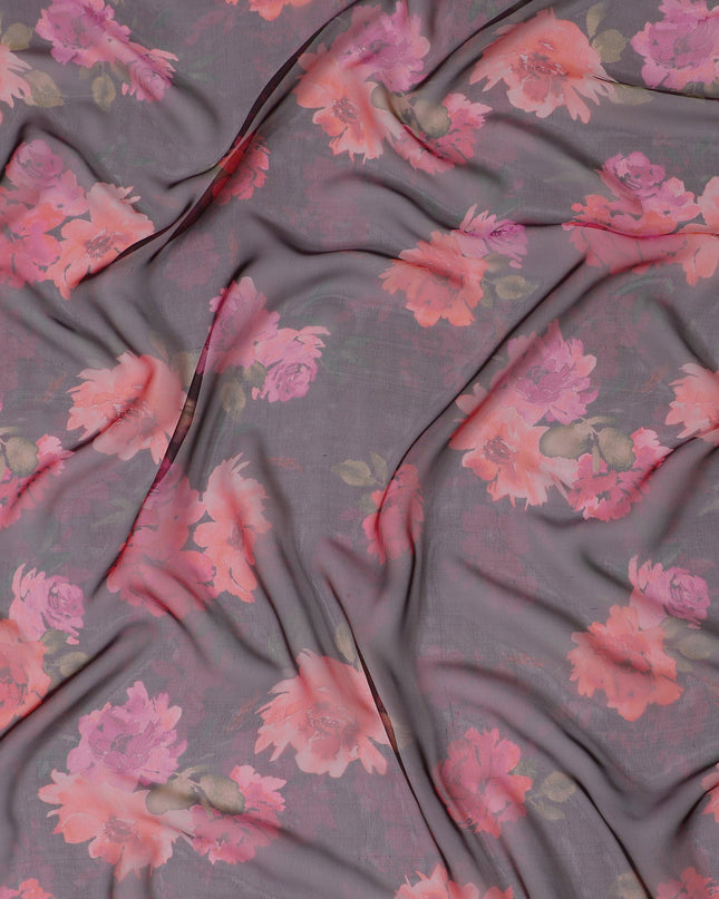 Elegant Charcoal Grey Floral Silk Chiffon Fabric, 110cm Width – Ideal for Sophisticated Evening Wear and Scarves-D20095