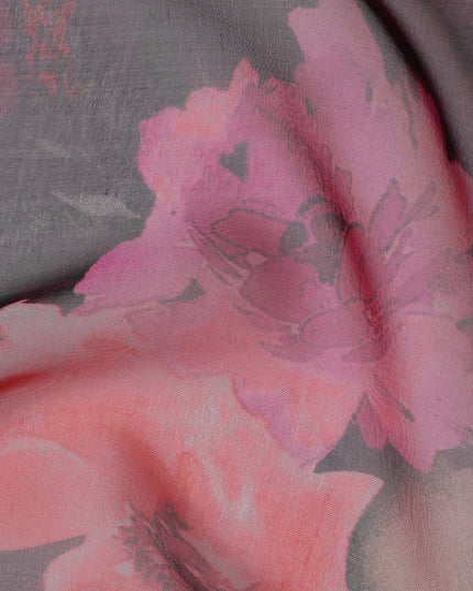 Elegant Charcoal Grey Floral Silk Chiffon Fabric, 110cm Width – Ideal for Sophisticated Evening Wear and Scarves-D20095