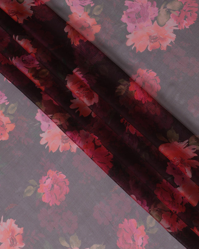 Elegant Charcoal Grey Floral Silk Chiffon Fabric, 110cm Width – Ideal for Sophisticated Evening Wear and Scarves-D20095