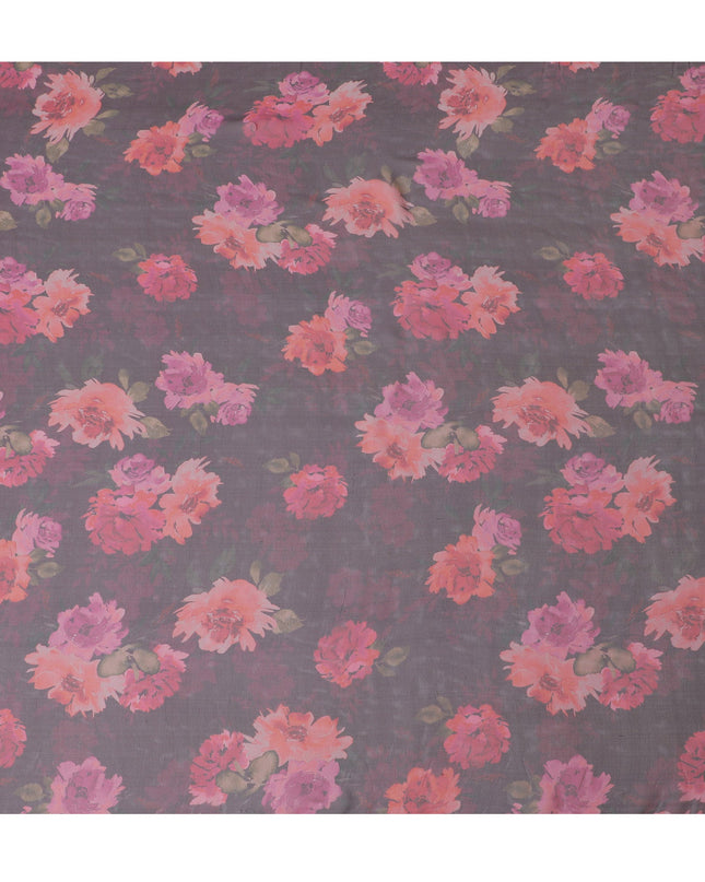 Elegant Charcoal Grey Floral Silk Chiffon Fabric, 110cm Width – Ideal for Sophisticated Evening Wear and Scarves-D20095