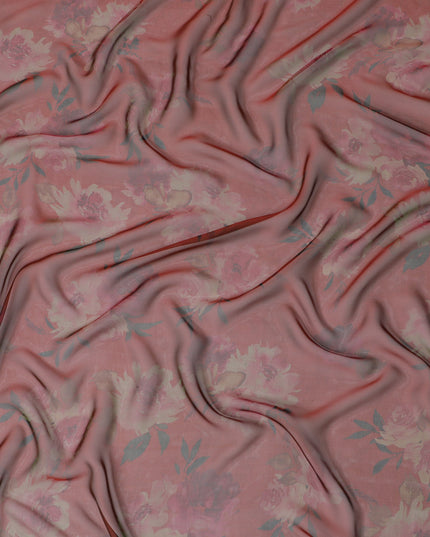 Soft Coral Red Floral Silk Chiffon Fabric, 110cm Width – Ideal for Delicate Spring and Summer Apparel-D20096