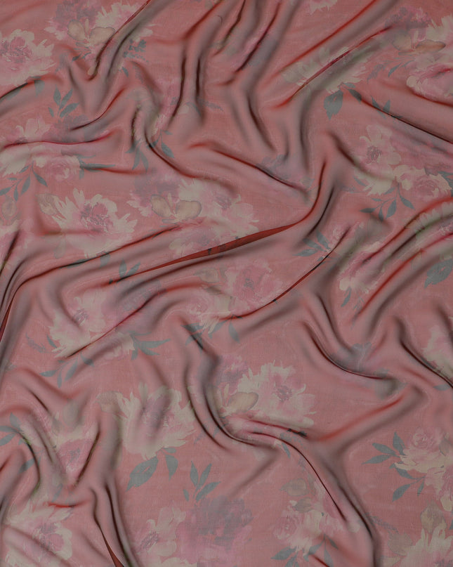 Soft Coral Red Floral Silk Chiffon Fabric, 110cm Width – Ideal for Delicate Spring and Summer Apparel-D20096