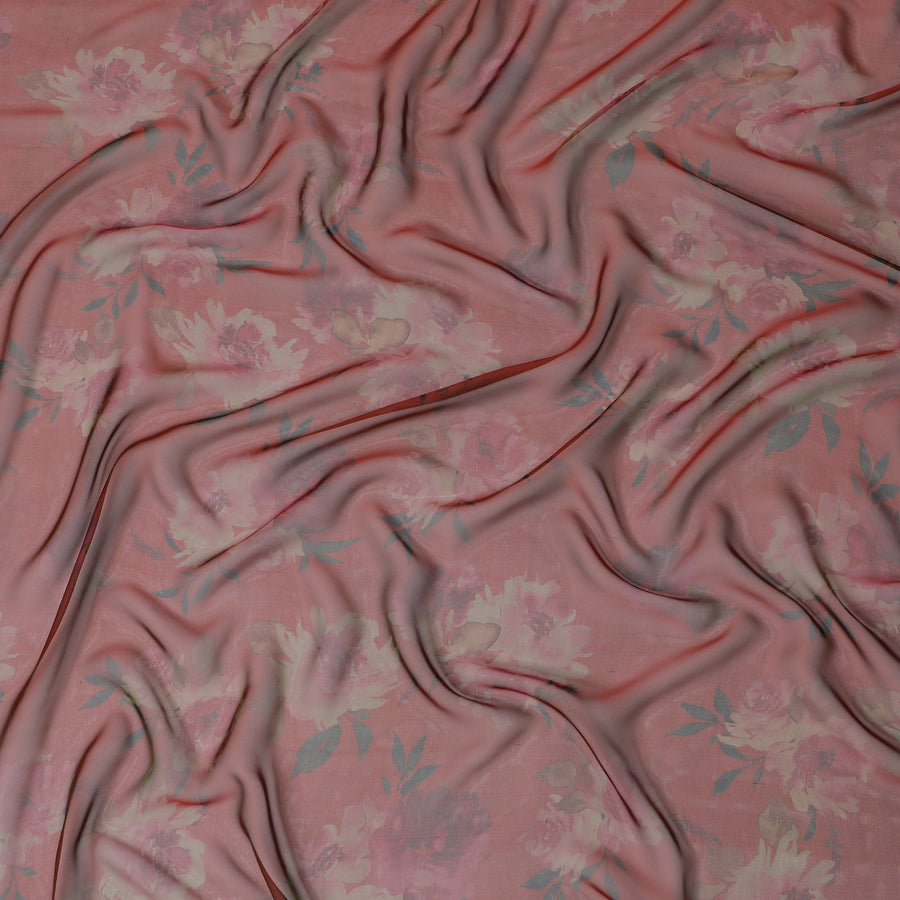 قماش شيفون حريري ناعم باللون الأحمر المرجاني المزهر، عرض 110 سم - مثالي للملابس الرقيقة في الربيع والصيف - D20096