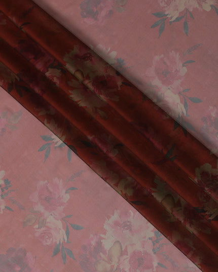 Soft Coral Red Floral Silk Chiffon Fabric, 110cm Width – Ideal for Delicate Spring and Summer Apparel-D20096