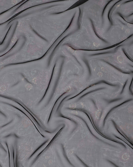 Subtle Charcoal Grey Silk Chiffon Fabric with Pink Floral Accents, 110cm Width – Ideal for Elegant Dresses and Scarves-D20097