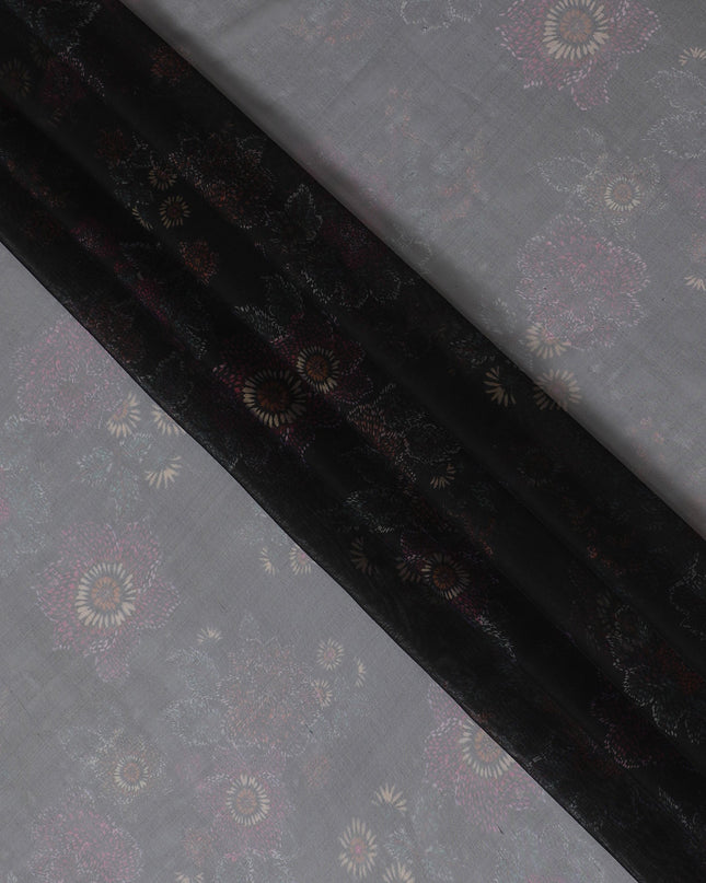 Subtle Charcoal Grey Silk Chiffon Fabric with Pink Floral Accents, 110cm Width – Ideal for Elegant Dresses and Scarves-D20097