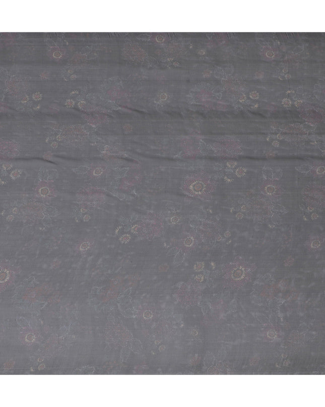 Subtle Charcoal Grey Silk Chiffon Fabric with Pink Floral Accents, 110cm Width – Ideal for Elegant Dresses and Scarves-D20097