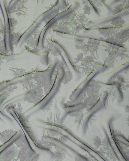 Elegant Soft Olive Floral Silk Chiffon Fabric, 110cm Width – Ideal for Bridal Wear and Special Occasions-D20098