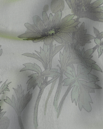 Elegant Soft Olive Floral Silk Chiffon Fabric, 110cm Width – Ideal for Bridal Wear and Special Occasions-D20098