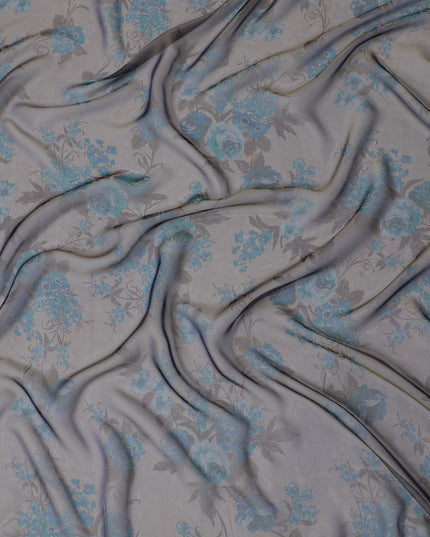 Elegant Light Grey Silk Chiffon Fabric with Blue Floral Prints, 110cm Width – Ideal for Spring Dresses and Blouses-D20099