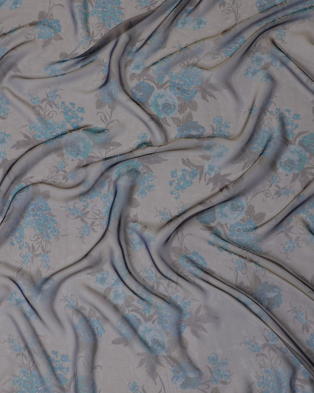 Elegant Light Grey Silk Chiffon Fabric with Blue Floral Prints, 110cm Width – Ideal for Spring Dresses and Blouses-D20099