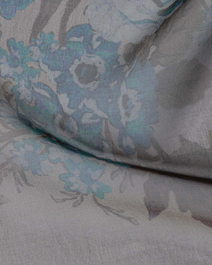 Elegant Light Grey Silk Chiffon Fabric with Blue Floral Prints, 110cm Width – Ideal for Spring Dresses and Blouses-D20099