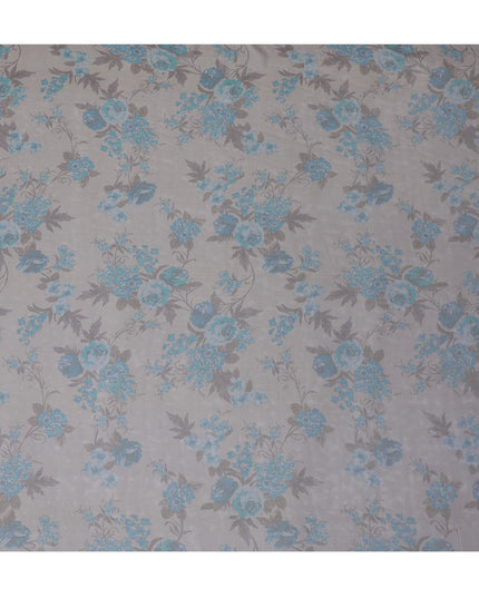 Elegant Light Grey Silk Chiffon Fabric with Blue Floral Prints, 110cm Width – Ideal for Spring Dresses and Blouses-D20099