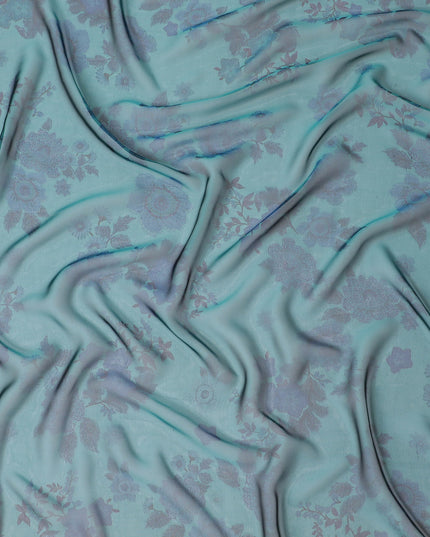 Serene Aqua Silk Chiffon Fabric with Lavender Floral Prints, 110cm Width – Ideal for Spring and Summer Apparel-D20101