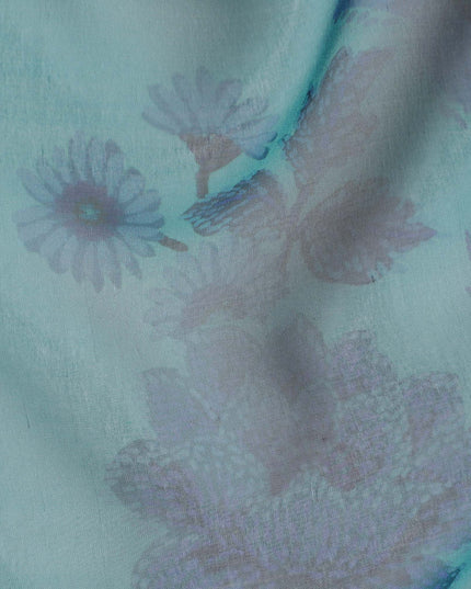 Serene Aqua Silk Chiffon Fabric with Lavender Floral Prints, 110cm Width – Ideal for Spring and Summer Apparel-D20101