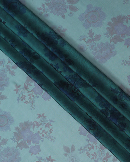 Serene Aqua Silk Chiffon Fabric with Lavender Floral Prints, 110cm Width – Ideal for Spring and Summer Apparel-D20101