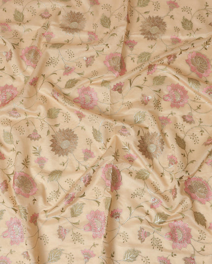 Soft Beige Synthetic Viscose Fabric with Pink and Gold Floral Embroidery, 110 cm Width-D20573