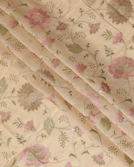 Soft Beige Synthetic Viscose Fabric with Pink and Gold Floral Embroidery, 110 cm Width-D20573