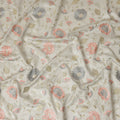 قماش فيسكوز صناعي رمادي فاتح مع تطريز زهري مرجاني وفضي، عرض 110 سم - D20574