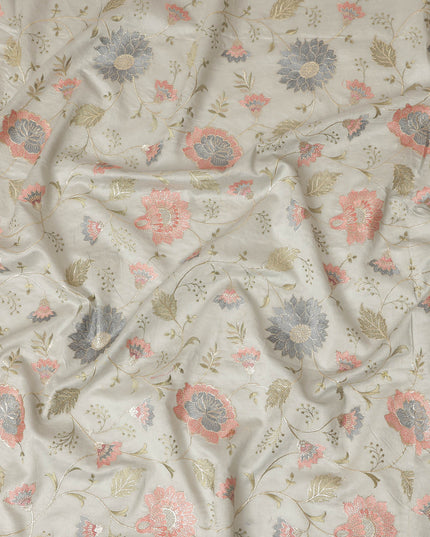 Light Grey Synthetic Viscose Fabric with Coral and Silver Floral Embroidery, 110 cm Width-D20574