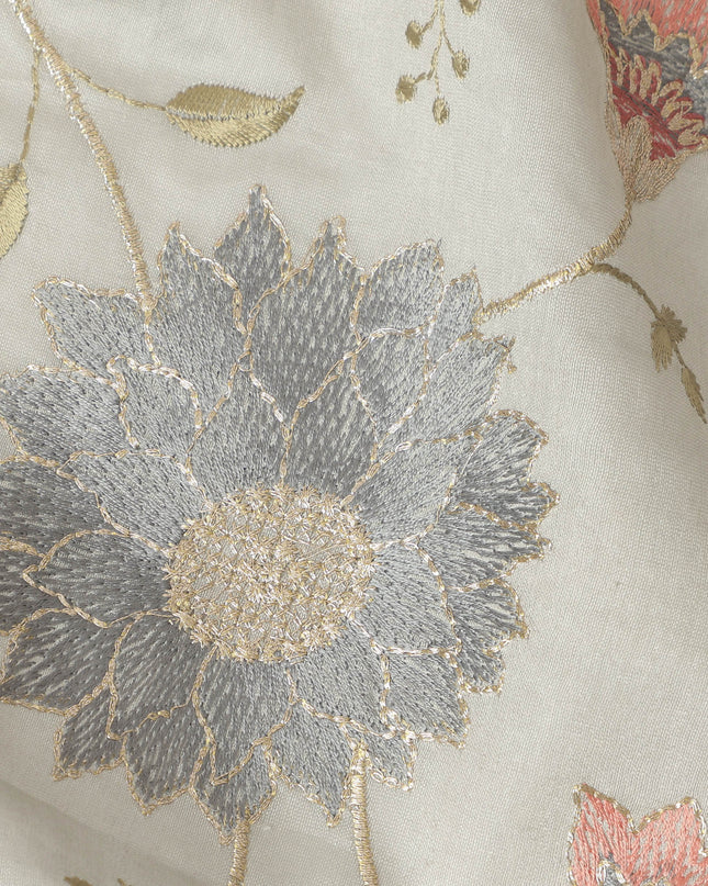 Light Grey Synthetic Viscose Fabric with Coral and Silver Floral Embroidery, 110 cm Width-D20574