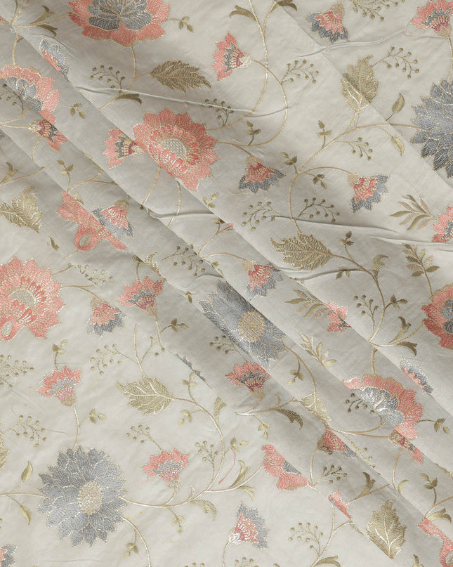 Light Grey Synthetic Viscose Fabric with Coral and Silver Floral Embroidery, 110 cm Width-D20574