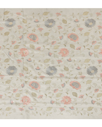 Light Grey Synthetic Viscose Fabric with Coral and Silver Floral Embroidery, 110 cm Width-D20574