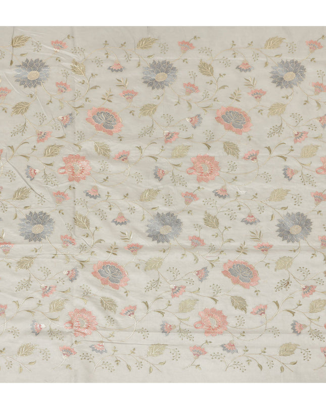 Light Grey Synthetic Viscose Fabric with Coral and Silver Floral Embroidery, 110 cm Width-D20574