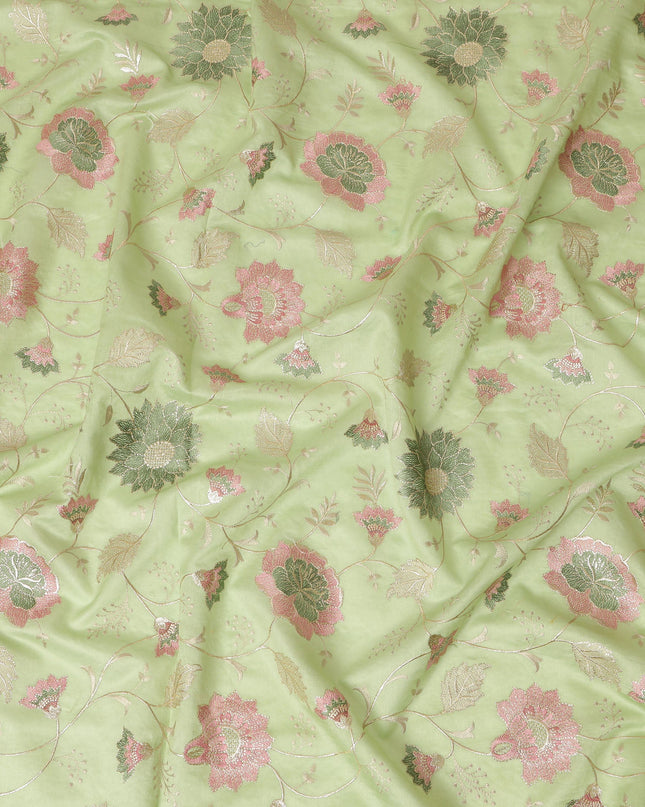 Light Green Synthetic Viscose Fabric with Pink and Gold Floral Embroidery, 110 cm Width-D20575