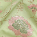 Light Green Synthetic Viscose Fabric with Pink and Gold Floral Embroidery, 110 cm Width-D20575