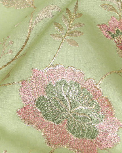 Light Green Synthetic Viscose Fabric with Pink and Gold Floral Embroidery, 110 cm Width-D20575