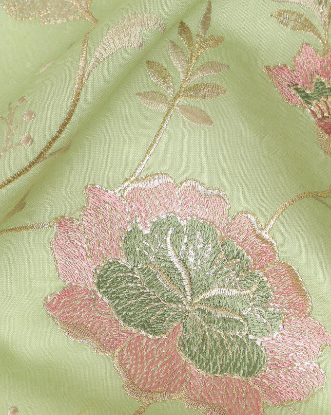 Light Green Synthetic Viscose Fabric with Pink and Gold Floral Embroidery, 110 cm Width-D20575