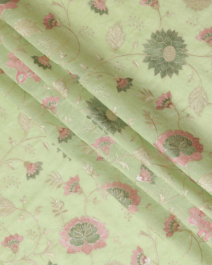 Light Green Synthetic Viscose Fabric with Pink and Gold Floral Embroidery, 110 cm Width-D20575