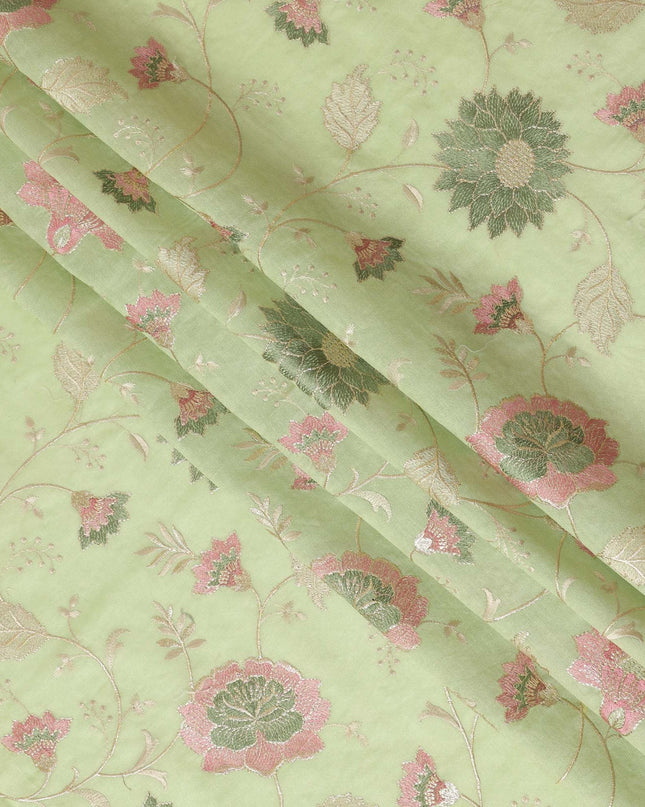 Light Green Synthetic Viscose Fabric with Pink and Gold Floral Embroidery, 110 cm Width-D20575