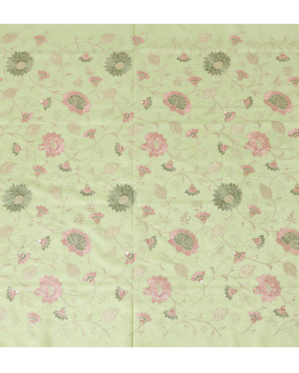 Light Green Synthetic Viscose Fabric with Pink and Gold Floral Embroidery, 110 cm Width-D20575