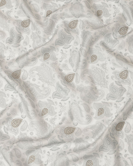 Light Grey Synthetic Viscose Fabric with Silver Paisley and Stone Work, 110 cm Width-D20576