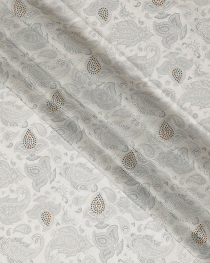 Light Grey Synthetic Viscose Fabric with Silver Paisley and Stone Work, 110 cm Width-D20576