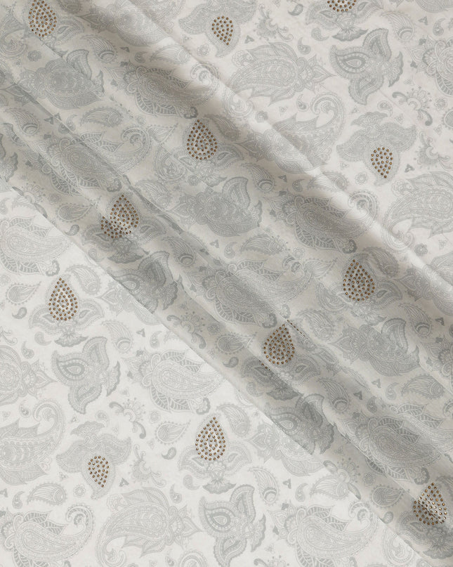 Light Grey Synthetic Viscose Fabric with Silver Paisley and Stone Work, 110 cm Width-D20576