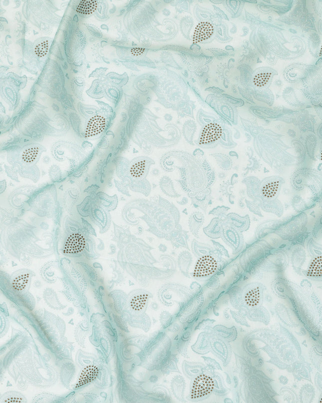 Mint Blue Synthetic Viscose Fabric with Silver Paisley and Stone Work, 110 cm Width-D20577