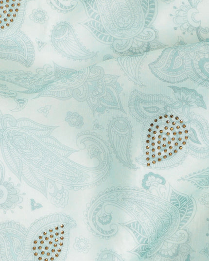 Mint Blue Synthetic Viscose Fabric with Silver Paisley and Stone Work, 110 cm Width-D20577