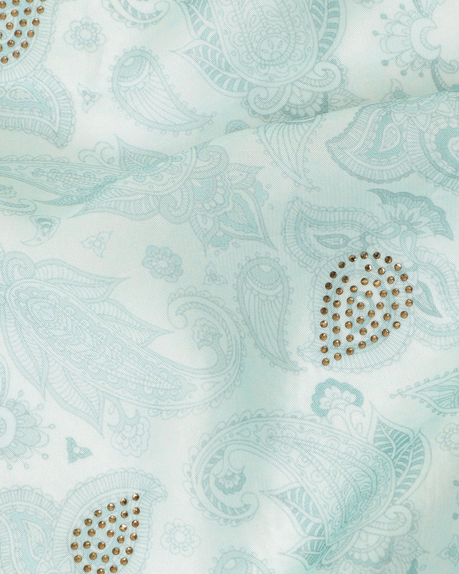 Mint Blue Synthetic Viscose Fabric with Silver Paisley and Stone Work, 110 cm Width-D20577