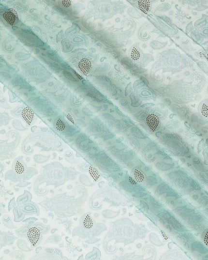 Mint Blue Synthetic Viscose Fabric with Silver Paisley and Stone Work, 110 cm Width-D20577