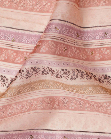 Peach and Beige Striped Synthetic Viscose Fabric with Stone Work, 110 cm Width-D20579