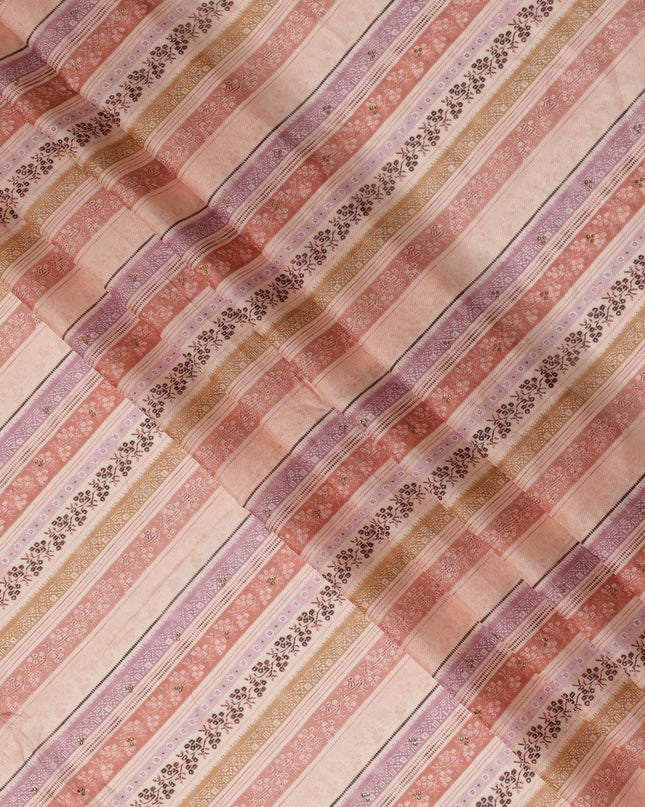 Peach and Beige Striped Synthetic Viscose Fabric with Stone Work, 110 cm Width-D20579