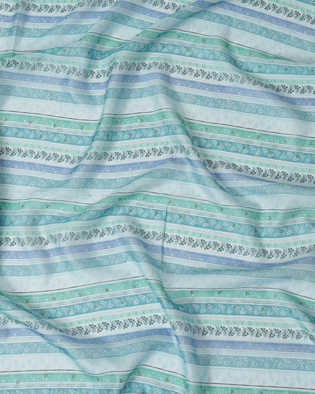 Light Blue and Green Striped Synthetic Viscose Fabric with Stone Work, 110 cm Width-D20580