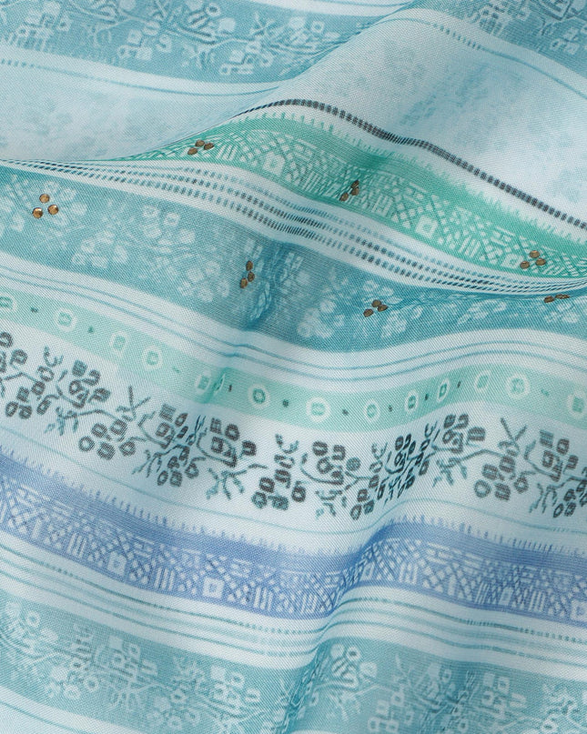 Light Blue and Green Striped Synthetic Viscose Fabric with Stone Work, 110 cm Width-D20580