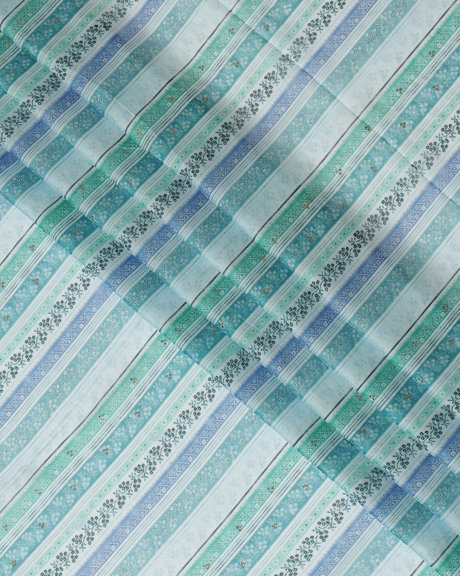 Light Blue and Green Striped Synthetic Viscose Fabric with Stone Work, 110 cm Width-D20580