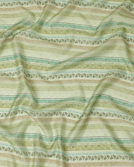 Light Green and Beige Striped Synthetic Viscose Fabric with Stone Work, 110 cm Width-D20581