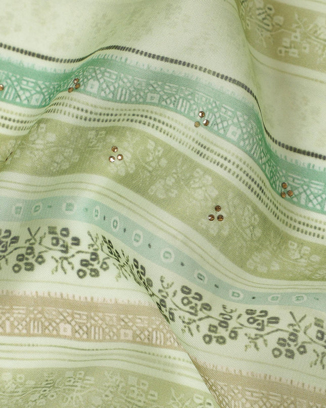 Light Green and Beige Striped Synthetic Viscose Fabric with Stone Work, 110 cm Width-D20581