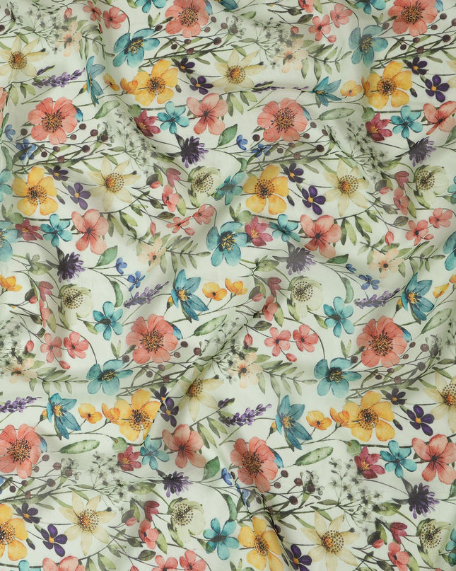 Mint Green Synthetic Viscose Fabric with Multicolor Floral Print and Stone Work, 110 cm Width-D20582